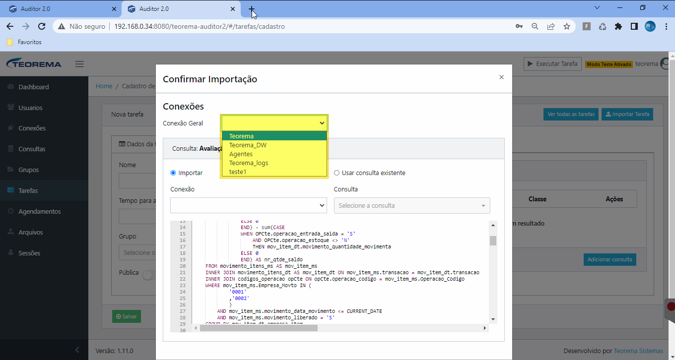 Dropdown Conexão Geral aberto com opções: Teorema, Teorema_DW, Agentes, Teorema_logs, teste1