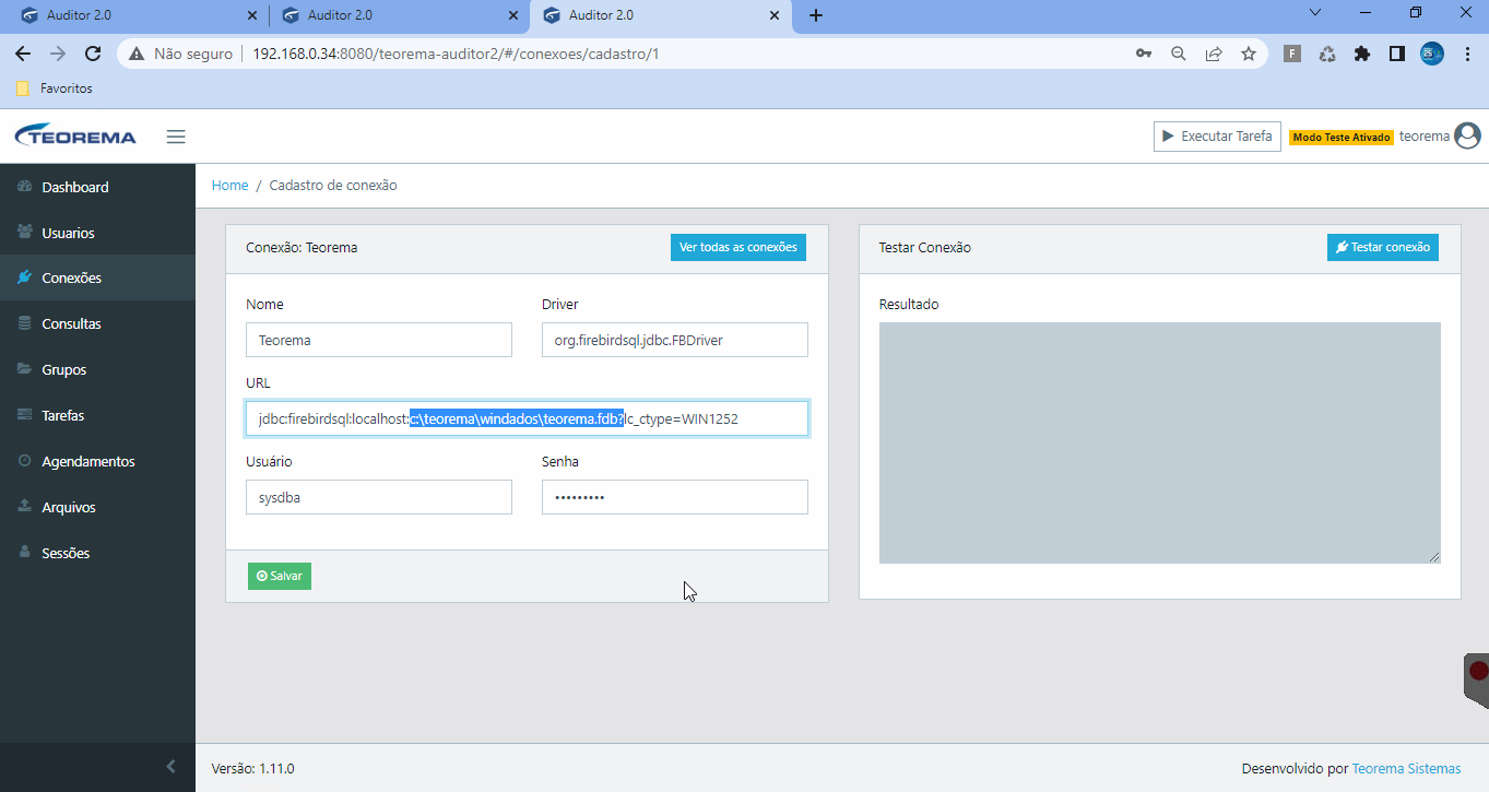 Formulário Cadastro de conexão com campos Nome (Teorema), Driver (org.firebirdsql.jdbc.FBDriver), URL (jdbc:firebirdsql:localhost:c:\teorema\windados\teorema.fdb?lc_ctype=WIN1252), Usuário (sysdba), Senha mascarada e painel Testar Conexão