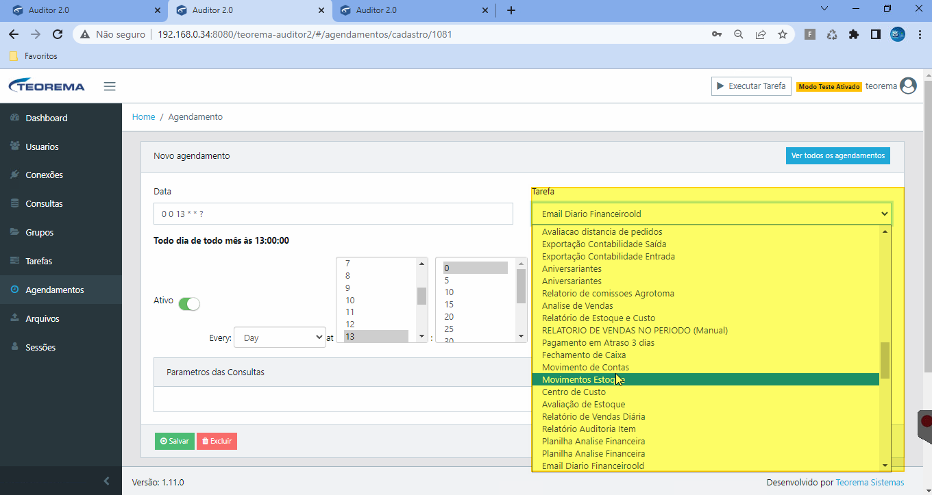 Dropdown Tarefa aberto com lista de tarefas: Avaliacao distancia de pedidos, Exportação Contabilidade Saída, Exportação Contabilidade Entrada, Aniversariantes, Relatorio de comissoes Agrotoma, Analise de Vendas, Relatório de Estoque e Custo, RELATORIO DE VENDAS NO PERIODO (Manual), Pagamento em Atraso 3 dias, Fechamento de Caixa, Movimento de Contas, Movimentos Estoque (em destaque), Centro de Custo, Avaliação de Estoque, Relatório de Vendas Diária e outras