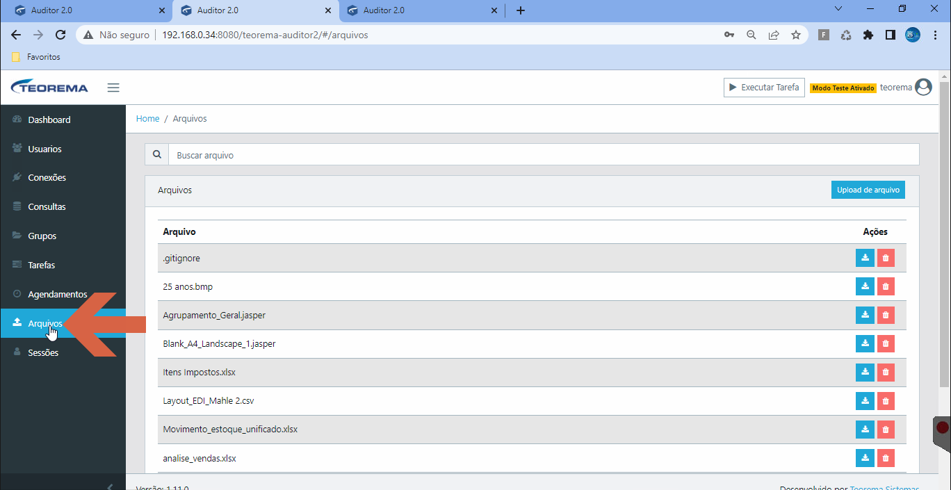 Tela Arquivos com lista: .gitignore, 25 anos.bmp, Agrupamento_Geral.jasper, Blank_A4_Landscape_1.jasper, Itens Impostos.xlsx, Layout_EDI_Mahle 2.csv, Movimento_estoque_unificado.xlsx, analise_vendas.xlsx e botão Upload de arquivo
