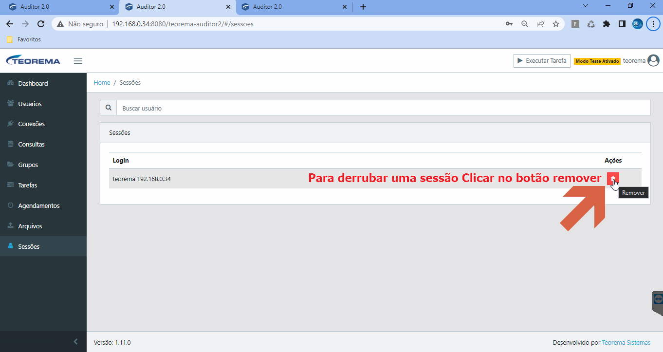 Tela Sessões com botão Remover em destaque na sessão "Andreia 192.168.0.34"