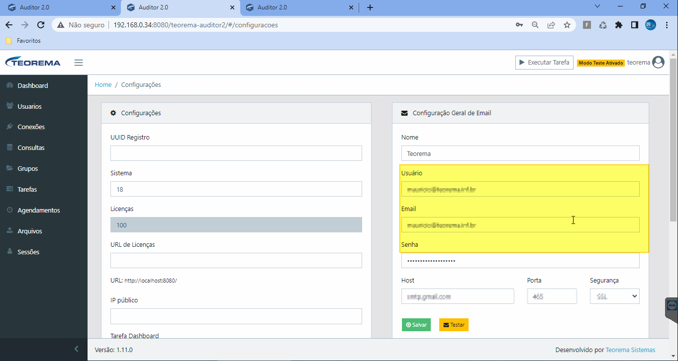 Tela Configurações com seção Configuração Geral de Email exibindo campos Nome (Teorema), Usuário, Email, Senha mascarada, Host (smtp.gmail.com), Porta (465) e Segurança (SSL)