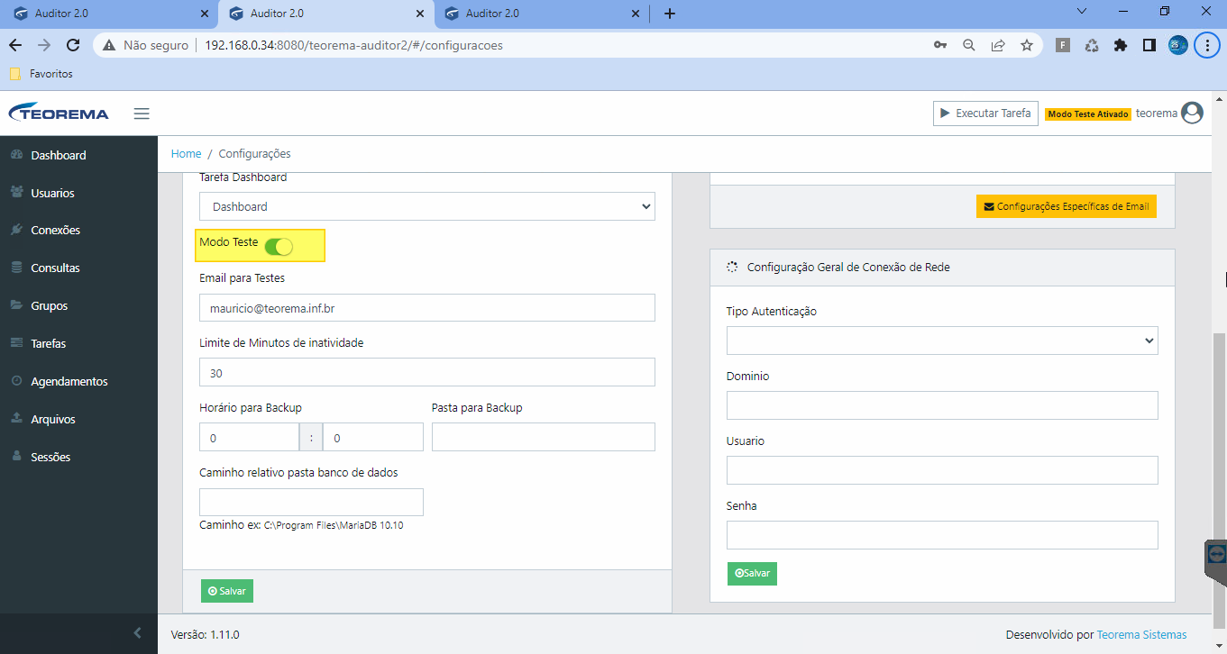 Tela Configurações com toggle Modo Teste ativado e campo Email para Testes preenchido