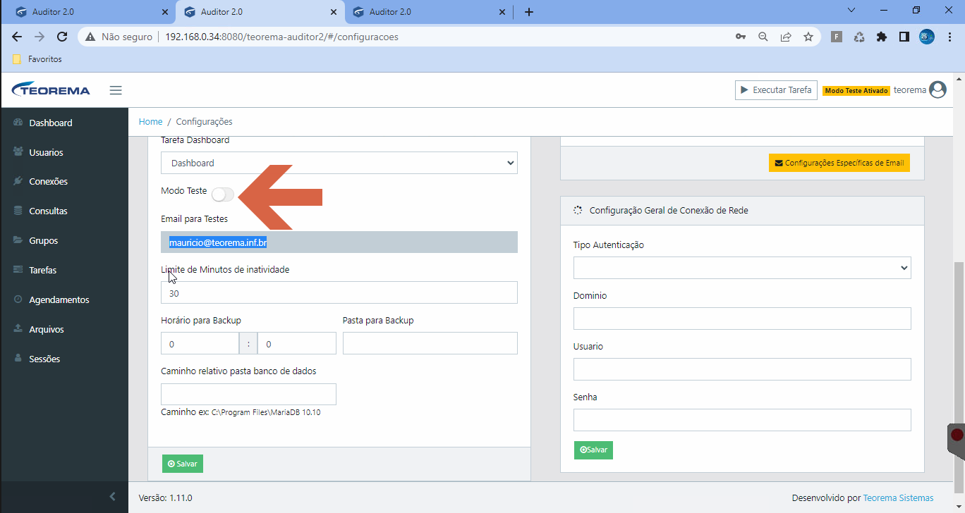 Tela Configurações com toggle Modo Teste desativado e campo Email para Testes destacado