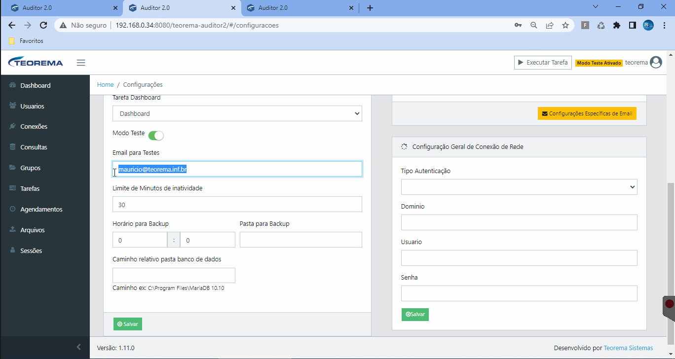 Tela Configurações com toggle Modo Teste ativado e campo Email para Testes preenchido