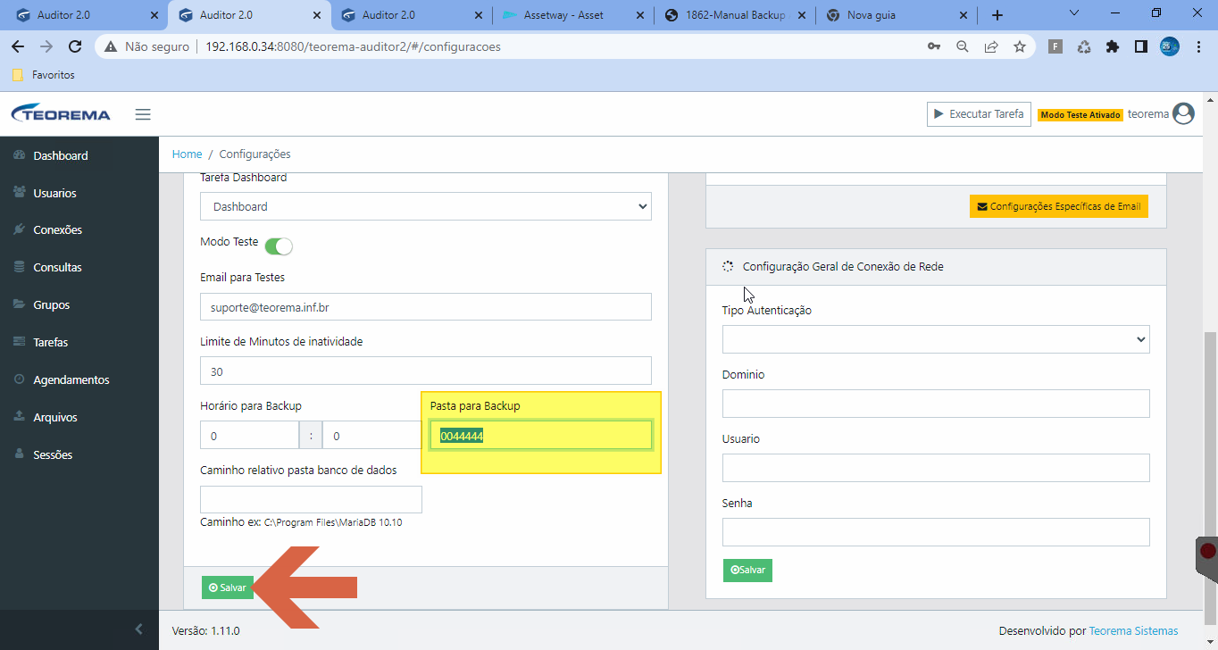 Tela Configurações com campo Pasta para Backup preenchido com o código do cliente e botão Salvar em destaque