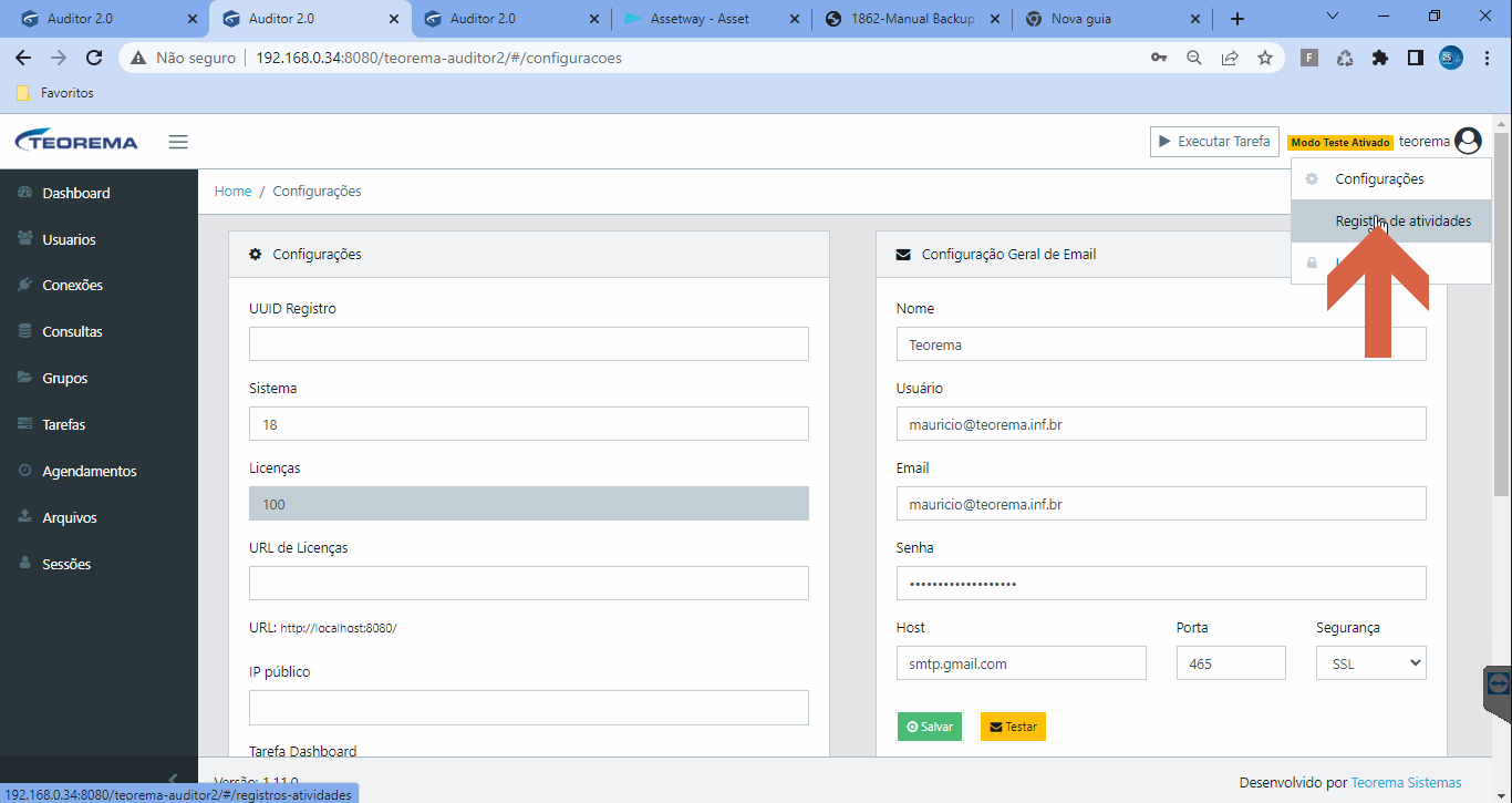 Menu do usuário com opção Registro de atividades em destaque