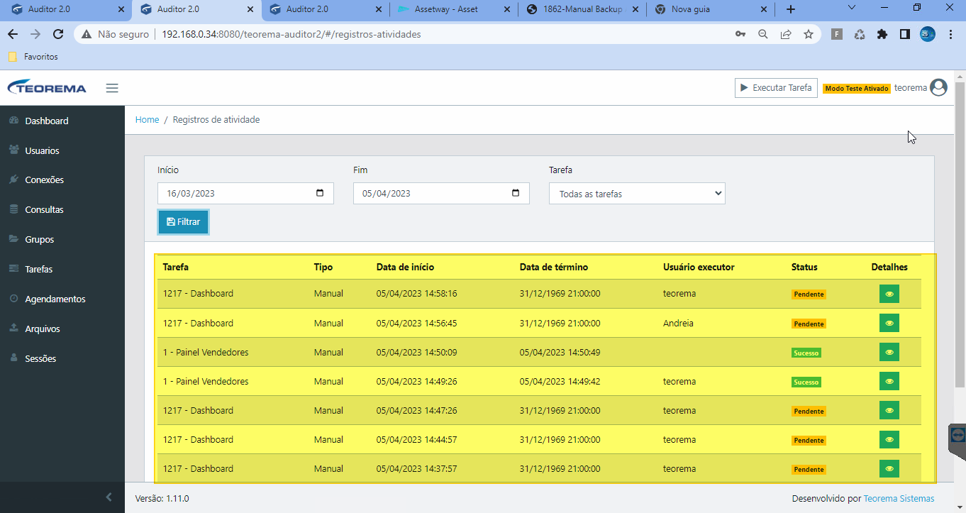 Tela Registros de atividade com resultados filtrados exibindo execuções do Dashboard e Painel Vendedores com status Pendente e Sucesso