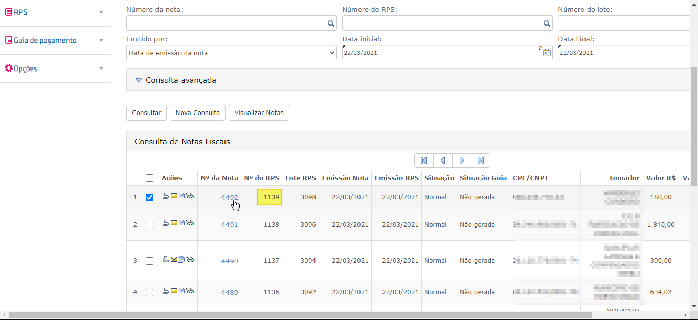 Portal de consulta de NFS-e da prefeitura; tabela "Consulta de Notas Fiscais" com colunas Nº da Nota, Nº do RPS, Lote RPS, Emissão Nota, Emissão RPS, Situação; linha 1 selecionada com nota 4492 e RPS 1139 destacados