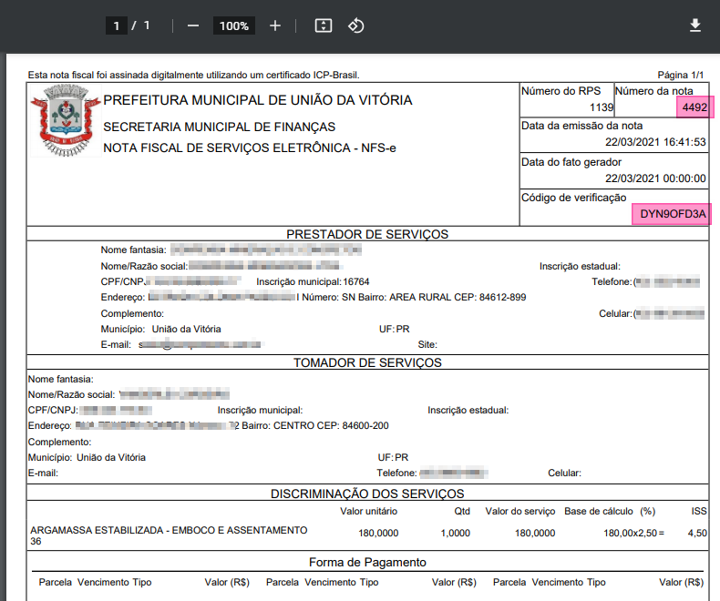 NFS-e emitida pela Prefeitura Municipal de União da Vitória — Secretaria Municipal de Finanças; campos Número do RPS: 1139, Número da nota: 4492, Data da emissão: 22/03/2021, Código de verificação: DYN9OFD3A visíveis no cabeçalho do documento