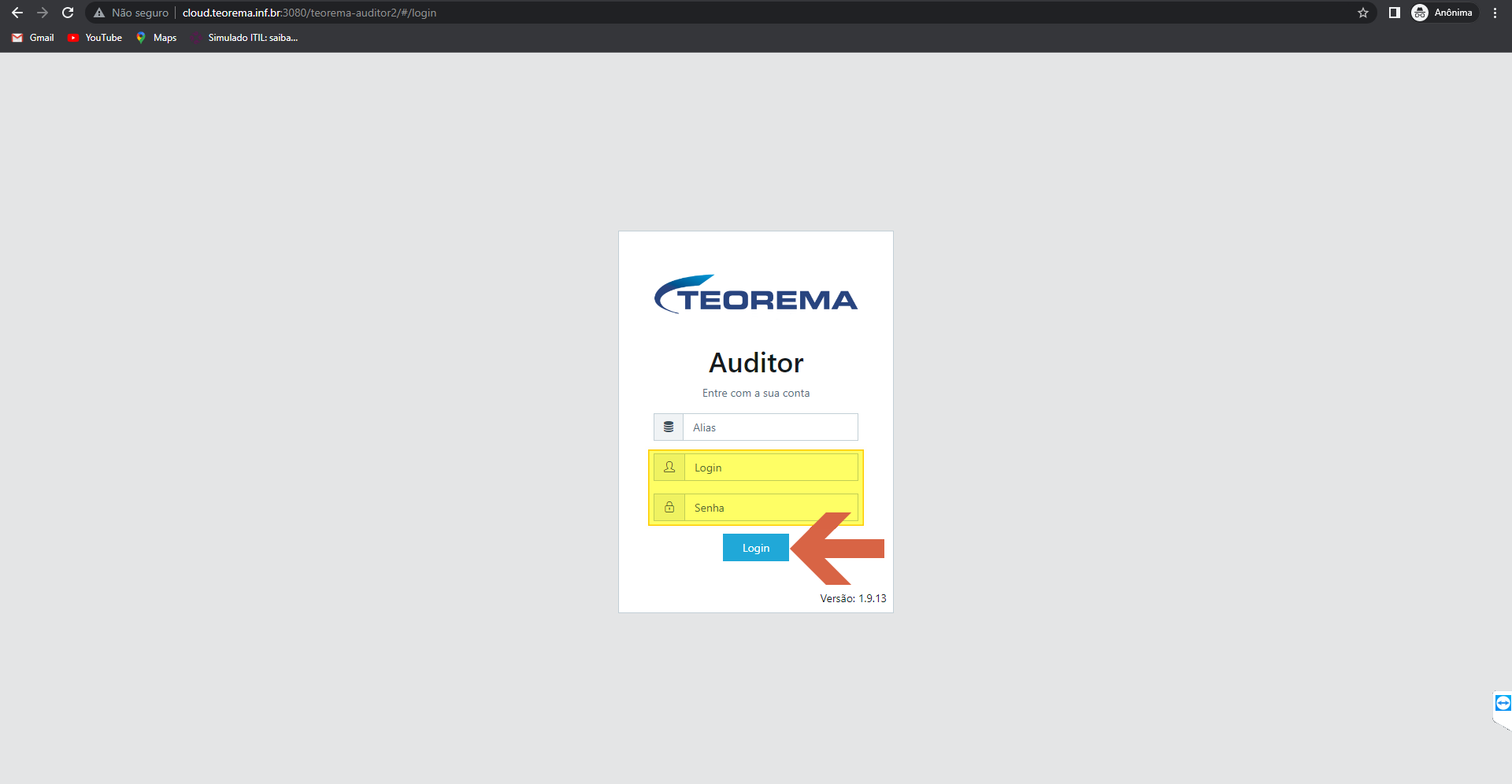 Tela de login do Teorema Auditor com campos Alias, Login e Senha destacados e botão Login