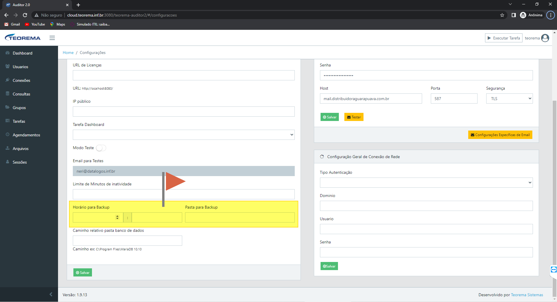 Tela Configuracoes do Auditor com os campos Horario para Backup e Pasta para Backup destacados