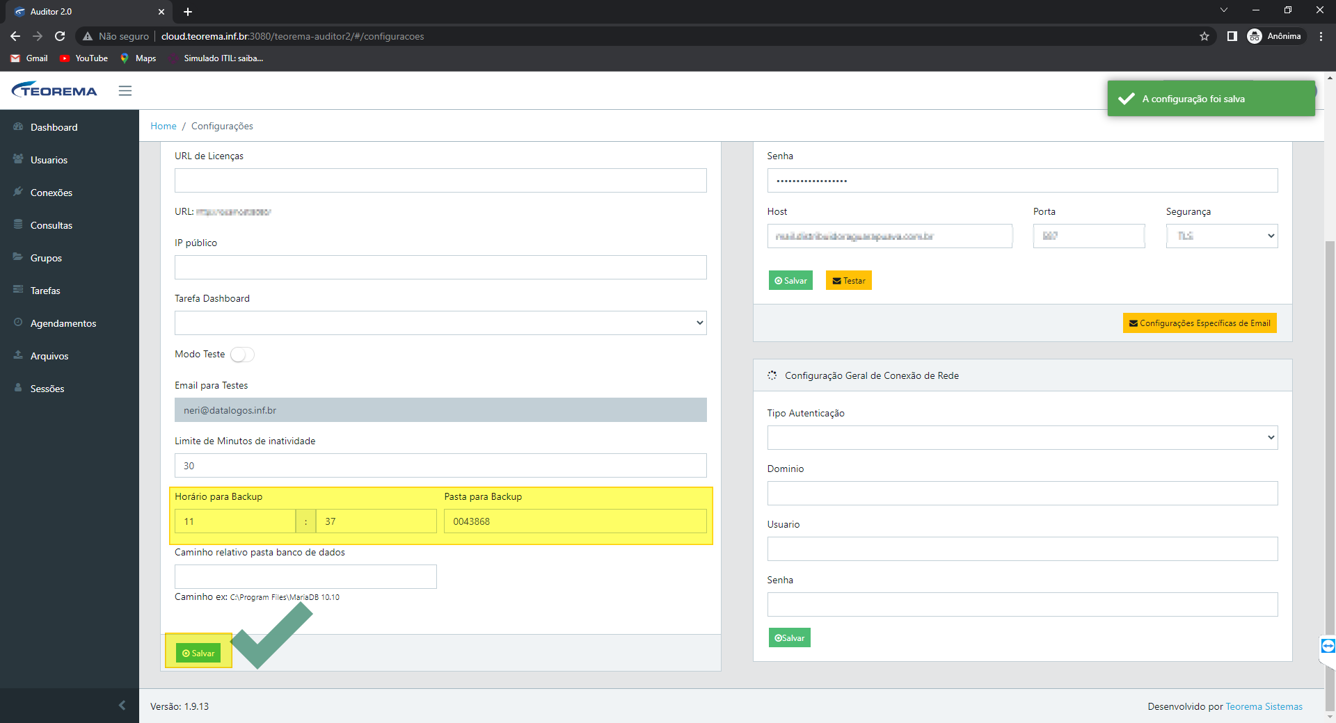 Tela Configuracoes do Auditor com campos Horario para Backup e Pasta para Backup preenchidos e mensagem de confirmacao A configuracao foi salva exibida no topo