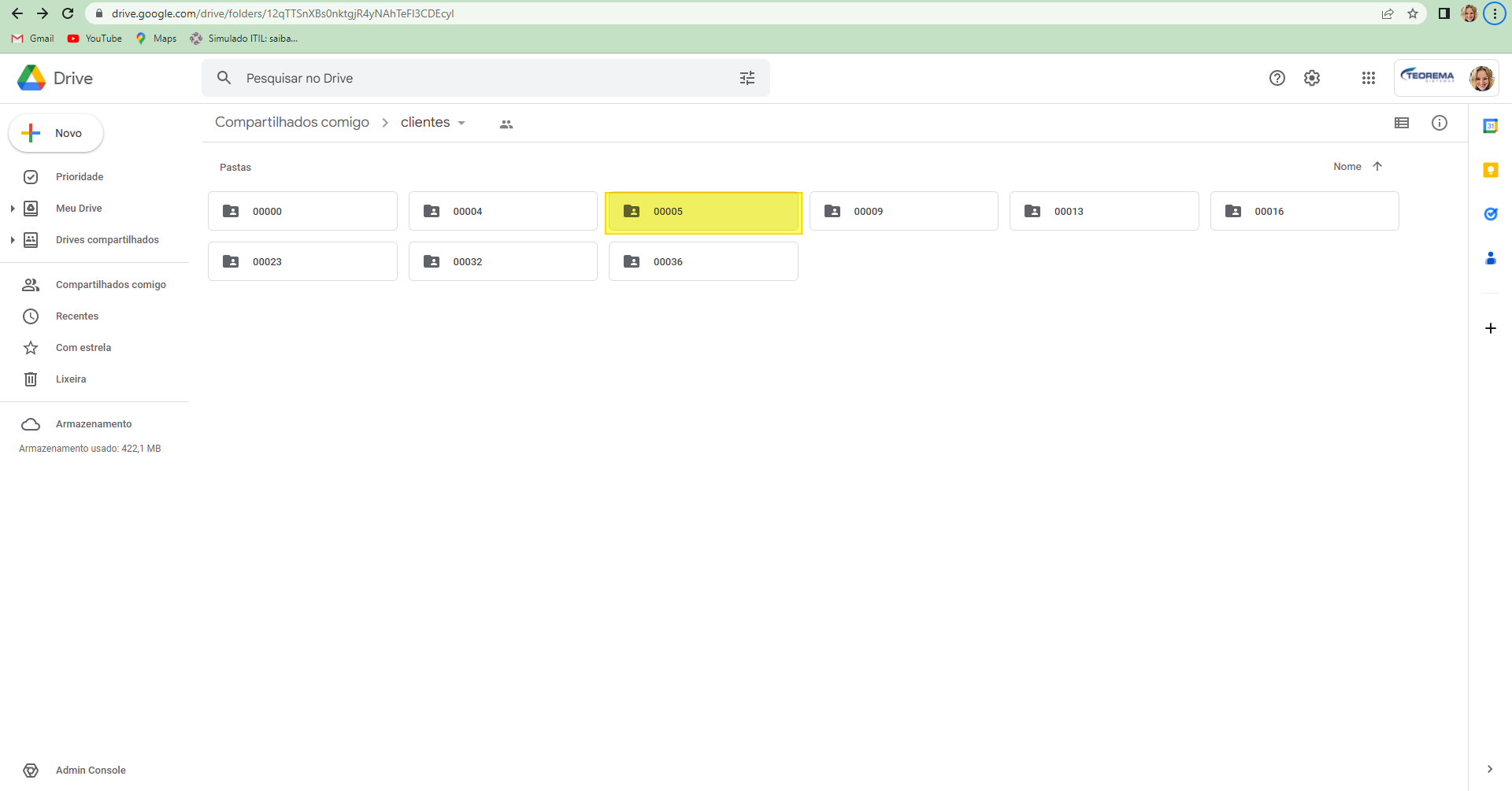 Google Drive — pasta clientes com subpastas numericas de clientes; pasta 00005 destacada