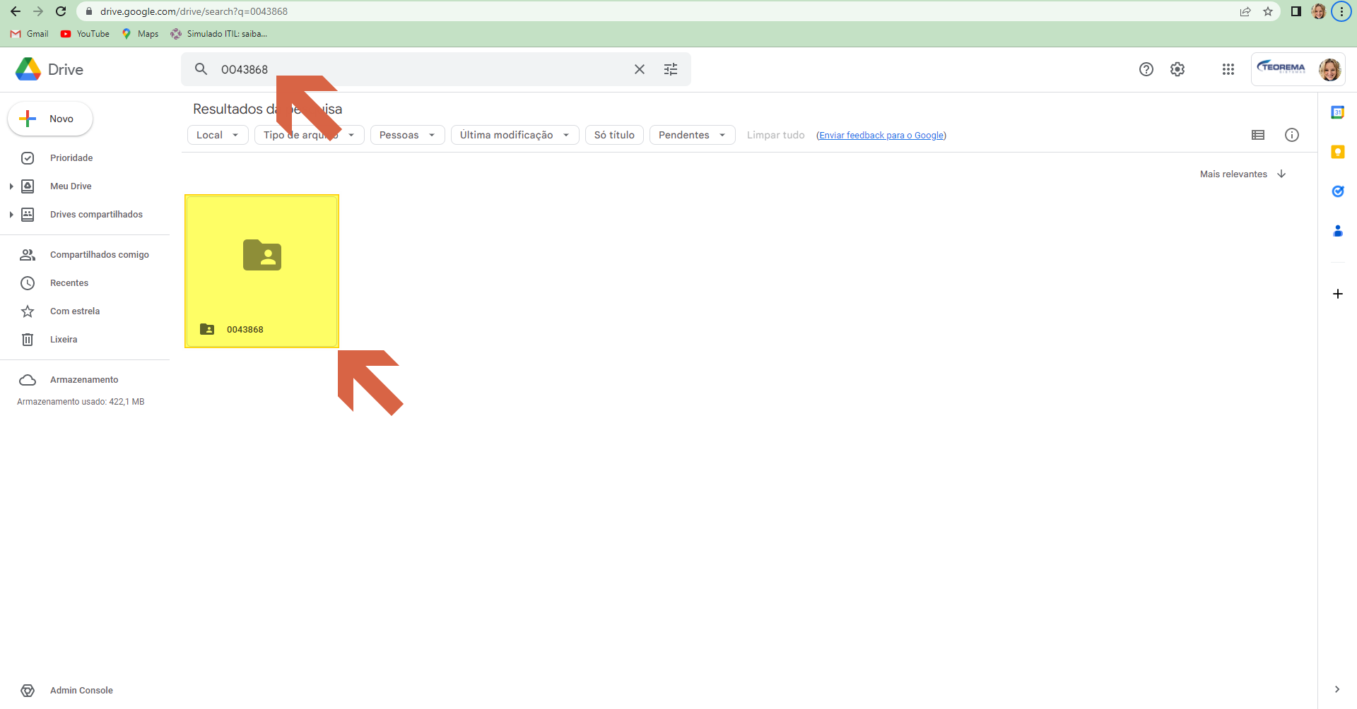 Google Drive — resultado de busca pelo codigo do cliente com pasta 0043868 encontrada e destacada