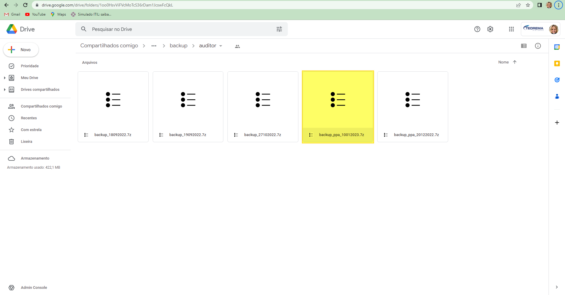 Google Drive — pasta auditor com arquivos de backup no formato .7z; arquivo backup_ppa_10012023.7z destacado