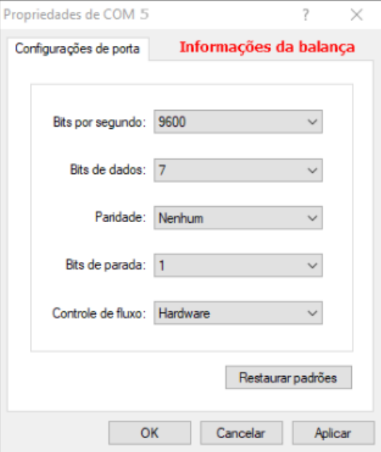 HyperTerminal — janela "Propriedades de COM 5", aba "Configurações de porta", com campos: Bits por segundo 9600, Bits de dados 7, Paridade Nenhum, Bits de parada 1, Controle de fluxo Hardware