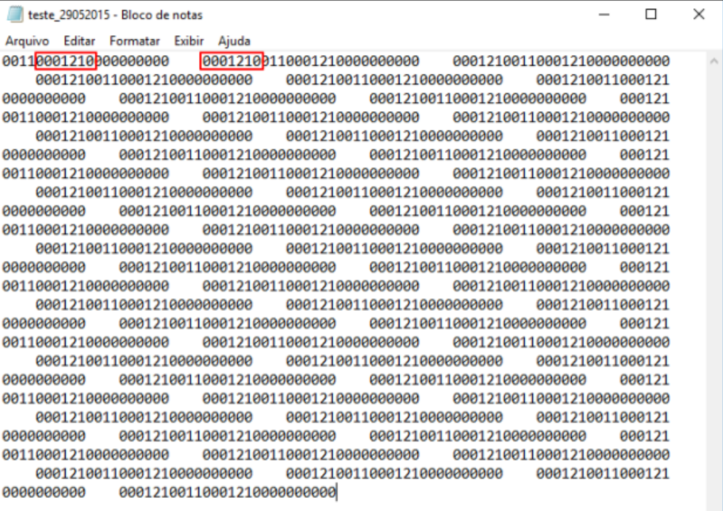 Bloco de notas exibindo saída serial bruta capturada pelo HyperTerminal com sequência de caracteres da balança