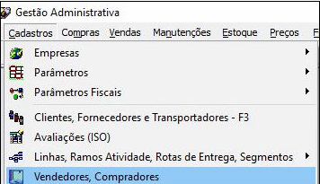 Menu Gestão Administrativa com Cadastros expandido e opção Vendedores, Compradores selecionada