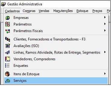 Menu Gestão Administrativa com Cadastros expandido e opção Serviços selecionada