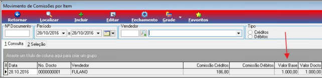 Tela Movimento de Comissões por Item com grid exibindo linha com Data 28.10.2016, Documento 0000000001, Vendedor FULANO, Comissão Créditos 186,80, Valor Base 1.000,00 e Valor Docto 1.000,00