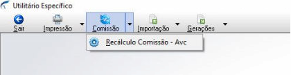 Utilitário Específico com menu Comissão expandido e opção Recálculo Comissão – Avc selecionada