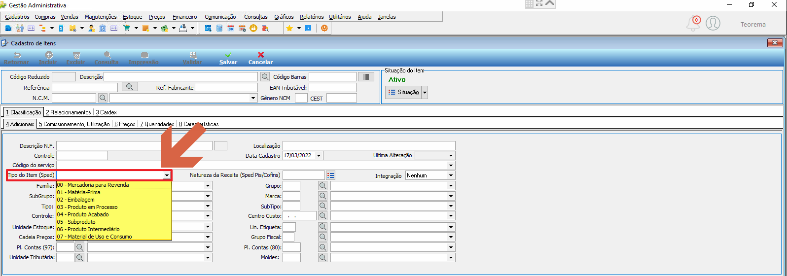 Tela Gestão Administrativa – Cadastro de Itens, aba 4 Adicionais, campo Tipo do Item (Sped) com dropdown exibindo as opções de 00 a 07