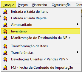 Menu Estoque da Gestão Administrativa com item Inventário destacado