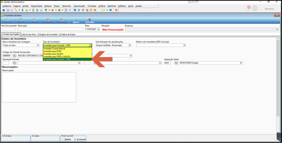 Tela Gestão Administrativa – Inventário de Itens com dropdown Tipo do Inventário aberto e opção "Inventário para Correção - K280" destacada