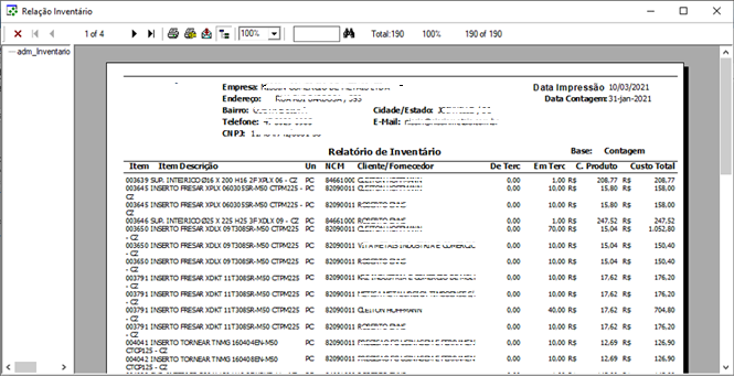 Relação Inventário exibindo colunas Item, Item Descrição, Un, NCM, Cliente/Fornecedor, De Terc., Em Terc., C. Produto, Custo Total com linhas de itens de inventário