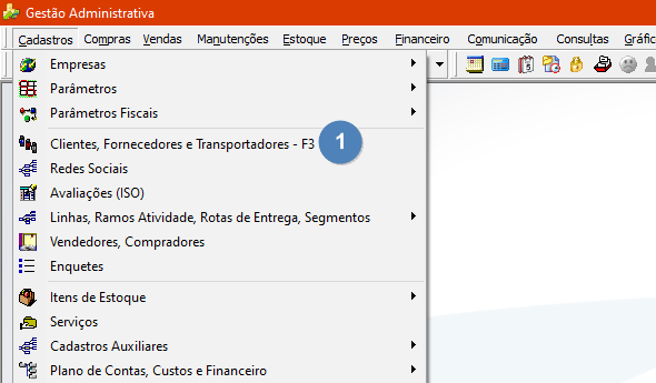 Menu Cadastros com opção "Clientes, Fornecedores e Transportadores - F3" destacada