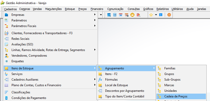 Menu Cadastros com submenu Itens de Estoque expandido, Agrupamento expandido e opção Cadeia de Preços destacada