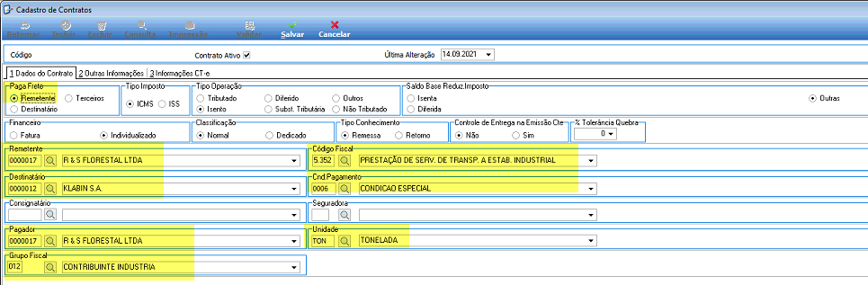 Aba 1 Dados do Contrato no Cadastro de Contratos com campos preenchidos: Paga Frete = Remetente; Tipo Operação = Tributado; Remetente = R & S FLORESTAL LTDA (0000017); Destinatário = KLABIN S.A. (0000012); Código Fiscal = 5.352 PRESTAÇÃO DE SERV. DE TRANSP. A ESTAB. INDUSTRIAL; Cnd. Pagamento = CONDIÇÃO ESPECIAL; Pagador = R & S FLORESTAL LTDA (0000017); Unidade = TON TONELADA; Grupo Fiscal = 012 CONTRIBUINTE INDUSTRIA