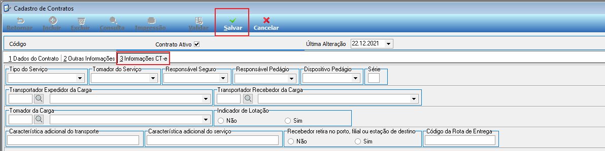 Aba 3 Informações CT-e no Cadastro de Contratos com campos de Tipo do Serviço, Tomador do Serviço, Responsável Seguro, Responsável Pedágio, Transportador Expedidor da Carga, Transportador Recebedor da Carga, Tomador da Carga, Indicador de Lotação e Código da Rota de Entrega; botão Salvar destacado na barra de ferramentas