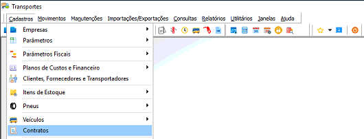 Menu Cadastros do sistema Transportes com o item Contratos destacado