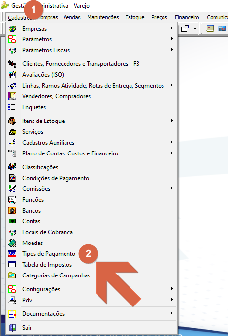 Menu Cadastros do módulo Gestão Administrativa - Varejo com o item "Tipos de Pagamento" destacado