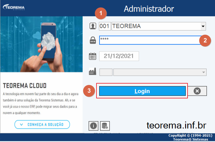 Tela de login do módulo Administrador com campos de usuário, senha mascarada e data, e botão Login