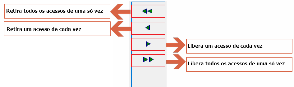 Diagrama com legenda dos quatro botões de controle de acesso: seta dupla esquerda (Retira todos os acessos de uma só vez), seta simples esquerda (Retira um acesso de cada vez), seta simples direita (Libera um acesso de cada vez), seta dupla direita (Libera todos os acessos de uma só vez)
