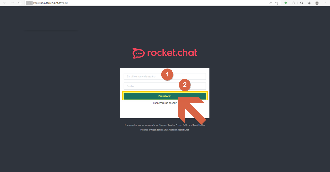 Tela de login do Rocket.Chat com campos "E-mail ou nome de usuário" e "Senha" e botão "Fazer login"