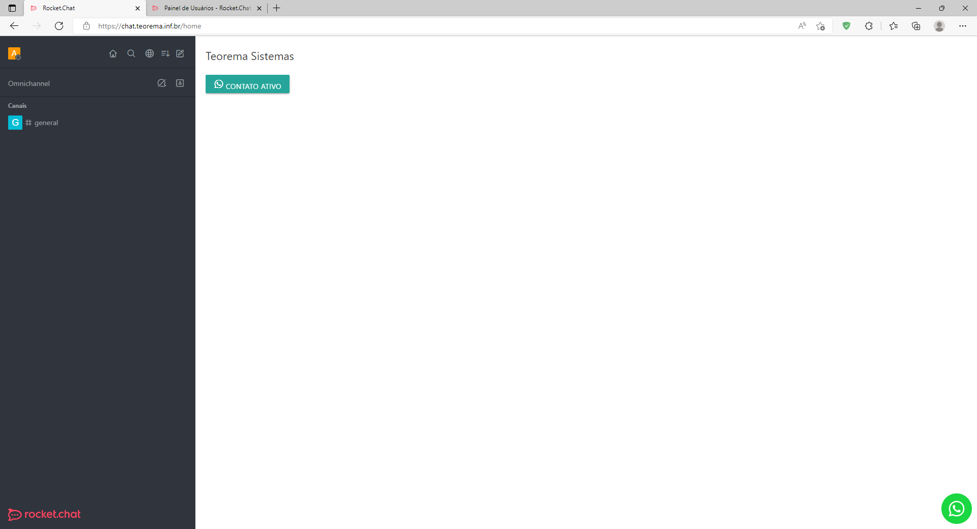 Tela inicial do Rocket.Chat após login, barra lateral com seções Omnichannel e Canais (#general), área principal com heading "Teorema Sistemas" e botão "CONTATO ATIVO"