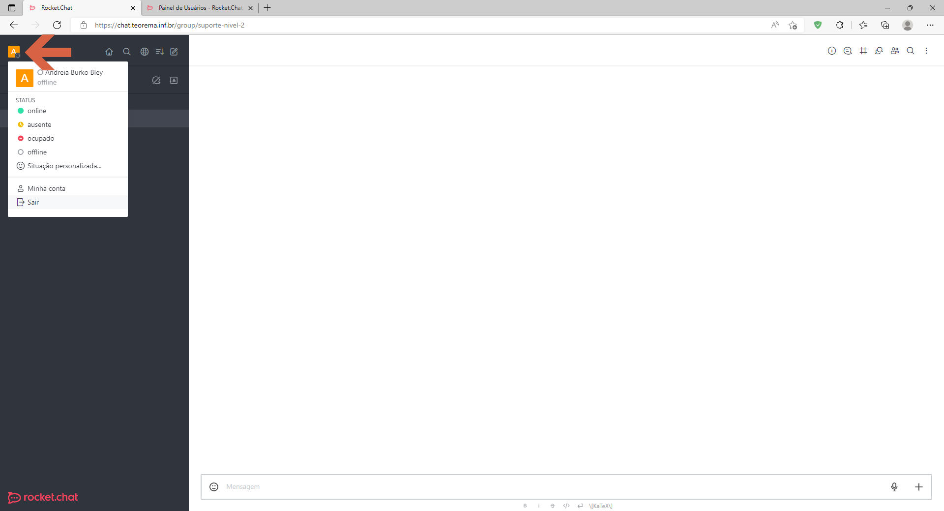 Painel do usuário aberto com nome "Andreia Burko Bley", status offline, lista de status (online, ausente, ocupado, offline, Situação personalizada...), opções "Minha conta" e "Sair"