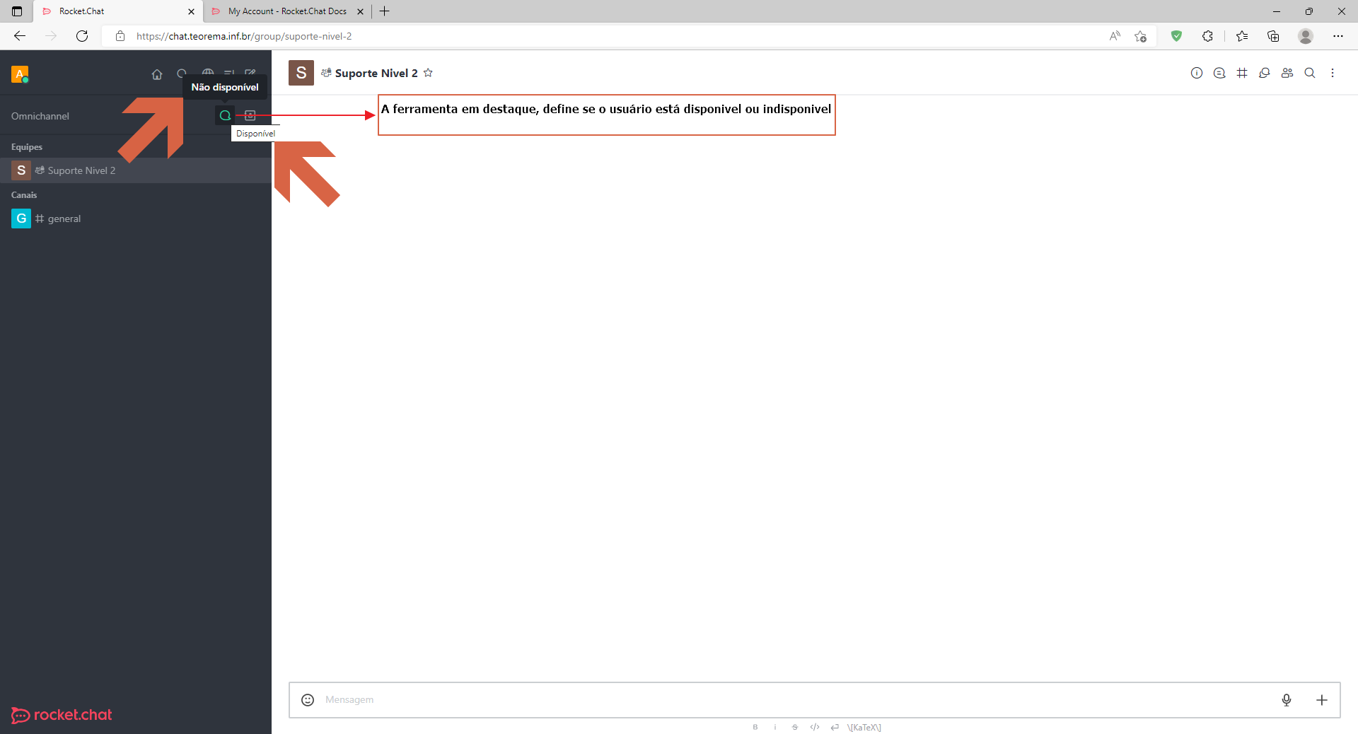 Barra lateral do Rocket.Chat com tooltips "Não disponível" e "Disponível" destacados, indicando os ícones que controlam a disponibilidade do agente