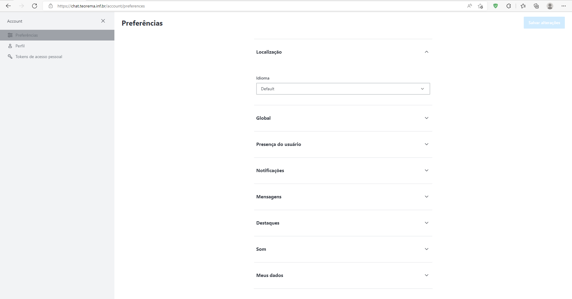 Tela Account > Preferências com seções Localização, Global, Presença do usuário, Notificações, Mensagens, Destaques, Som e Meus dados listadas em acordeão