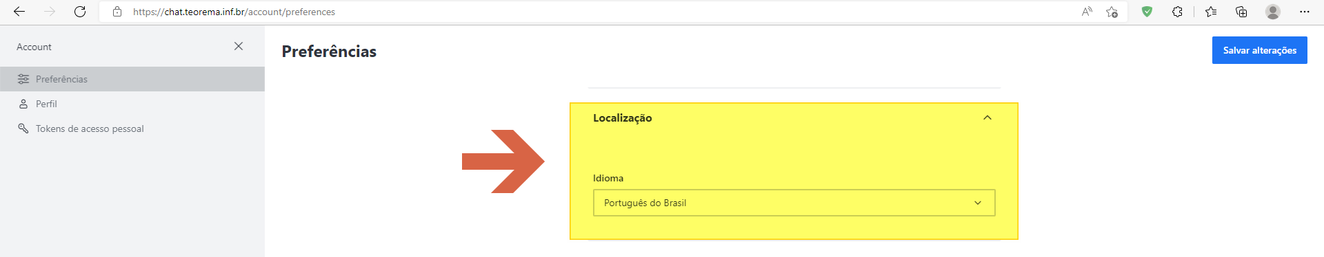 Seção Localização expandida nas Preferências, dropdown Idioma com opção "Português do Brasil" selecionada
