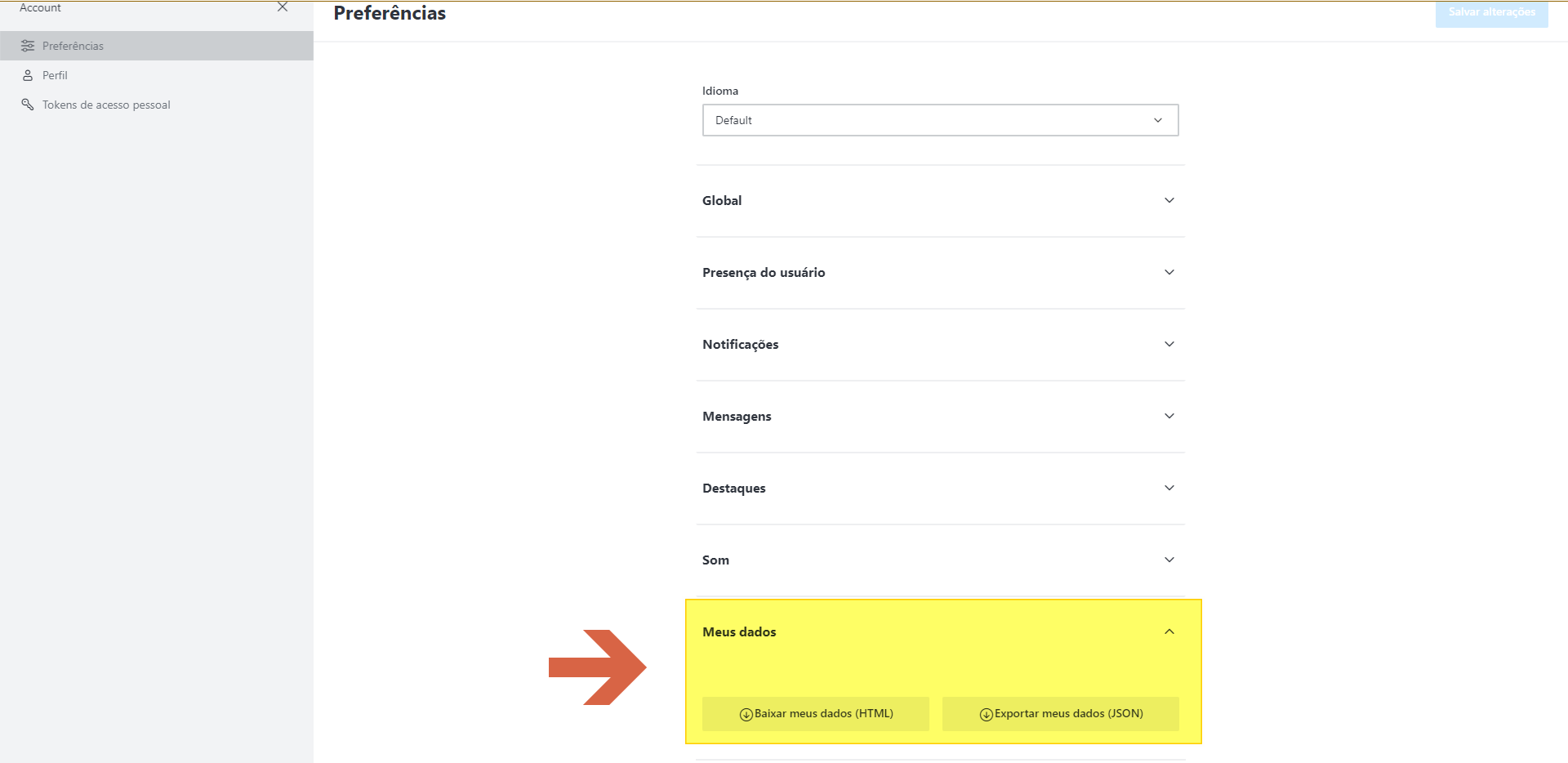 Seção Meus dados expandida nas Preferências com botões "Baixar meus dados (HTML)" e "Exportar meus dados (JSON)"
