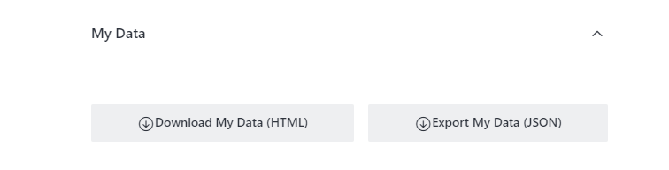 Seção My Data (interface em inglês) com botões "Download My Data (HTML)" e "Export My Data (JSON)"