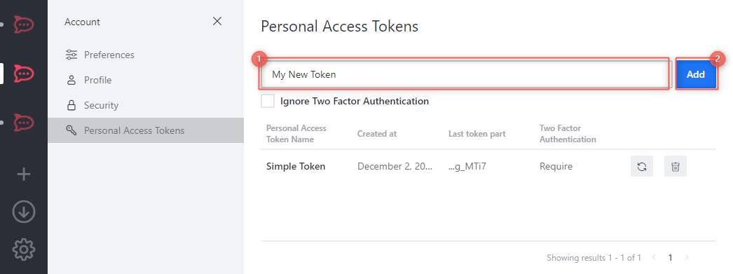 Tela Personal Access Tokens com nome "My New Token" digitado no campo (marcado 1) e botão Add (marcado 2) pronto para criar o token