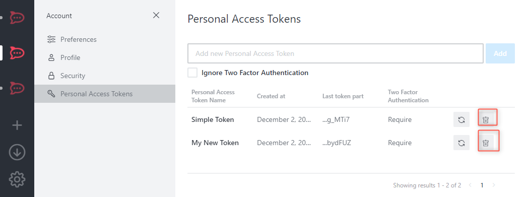 Tela Personal Access Tokens com dois tokens listados ("Simple Token" ...g_MTi7 e "My New Token" ...bydFUZ) e ícones de exclusão destacados em ambas as linhas