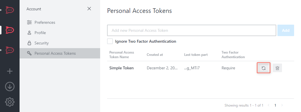 Tela Personal Access Tokens com token "Simple Token" (...g_MTi7) e ícone de regeneração (setas circulares) destacado na linha