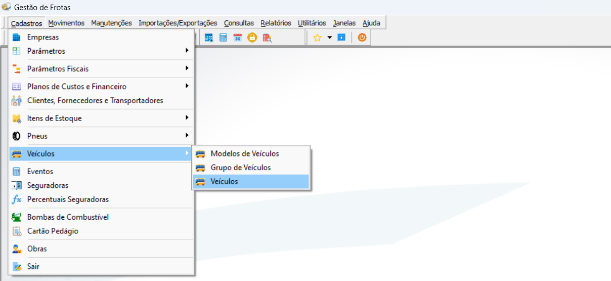 Menu Cadastros expandido no Gestão de Frotas, com submenu Veículos aberto e opção Veículos selecionada; outras opções do submenu são Modelos de Veículos e Grupo de Veículos